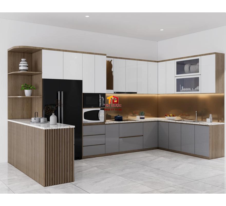 Tủ Bếp Gỗ C&ocirc;ng Nghiệp Phủ Acrylic Kết Hợp Kệ Trang Tr&iacute; TBA07